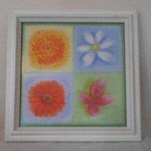 Anthony Morrow Floral Print Dahlia Daisy Mum & Lily Flowers W/White Frame 9.5"sq